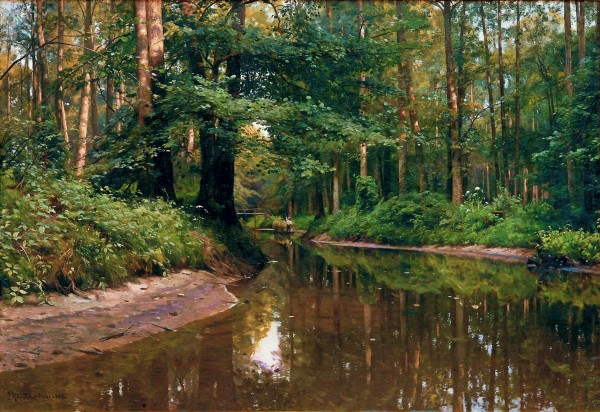 Small boat with figure along the stream by Peter Mork Monsted